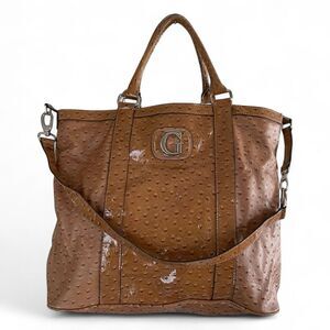 Vintage Y2K Guess Ostrich Pebbled Faux Leather Handbag Purse Tan